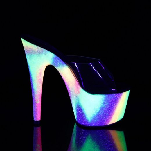 Product image of Pleaser ADORE-701GXY Clear/Neon Galaxy Mini Glitter 7 inch (17.8 cm) Heel 2 3/4 inch (7 cm) Platform Slide With  Blacklight (Uv) Reactive Galaxy Effect Slide Mule Shoes