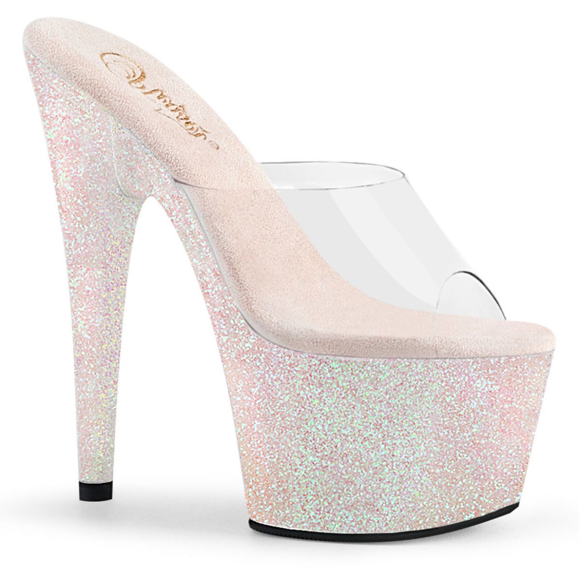 Product image of Pleaser ADORE-701HMG Clear/Multicolour Multicolour Mini Glitter 7 inch (17.8 cm) Heel 2 3/4 inch (7 cm) Platform Slide Slide Mule Shoes
