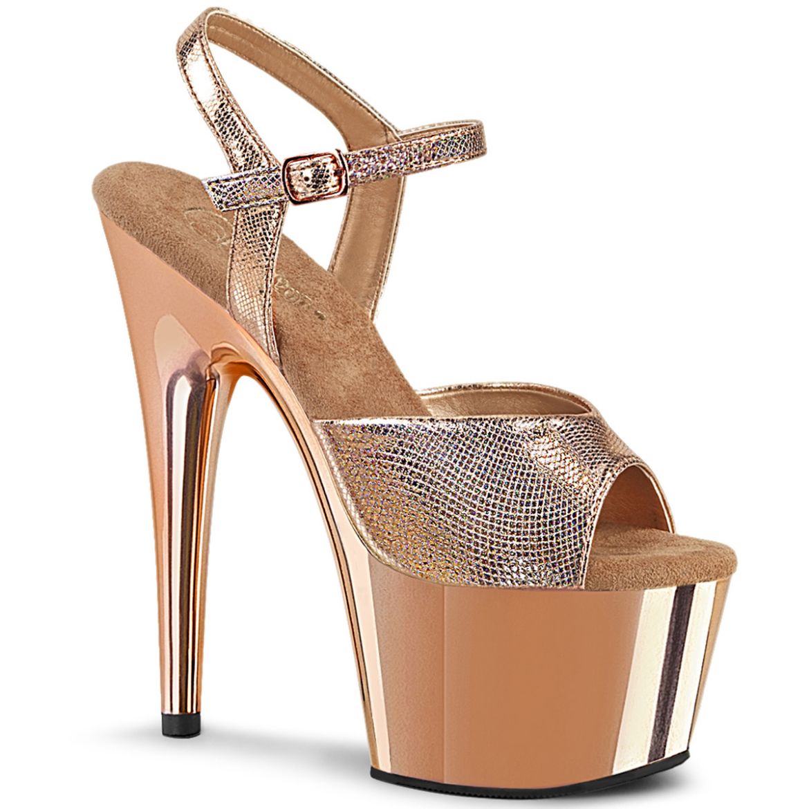 Product image of Pleaser ADORE-709 Rose Gold Textured Metallic/Rosegold Chrome 7 inch (17.8 cm) Heel 2 3/4 inch (7 cm) Platform Ankle Strap Sandal Shoes