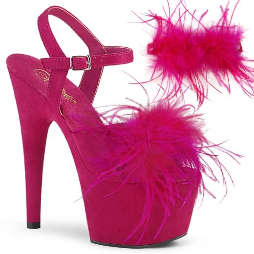 Product image of Pleaser ADORE-709F Hot Pink F.Faux Suede-Faux Feathers/Hot Pink F.Faux Suede 7 inch (17.8 cm) Heel 2 3/4 inch (7 cm) Platform Ankle Strap Sandal With Faux Feathers Shoes