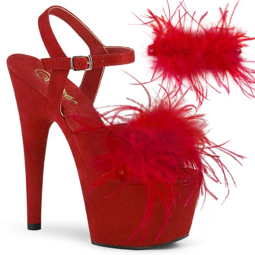 Product image of Pleaser ADORE-709F Red Faux Suede-Faux Feathers/Red Faux Suede 7 inch (17.8 cm) Heel 2 3/4 inch (7 cm) Platform Ankle Strap Sandal With Faux Feathers Shoes
