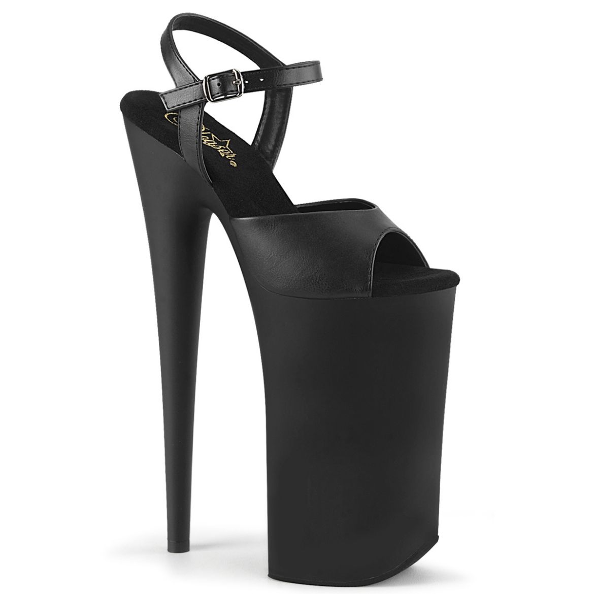 Product image of Pleaser BEYOND-009 Black Faux Leather/Black Matte 10 inch (25.5 cm) Heel 6 1/4 inch (16 cm) Platform Ankle Strap Sandal