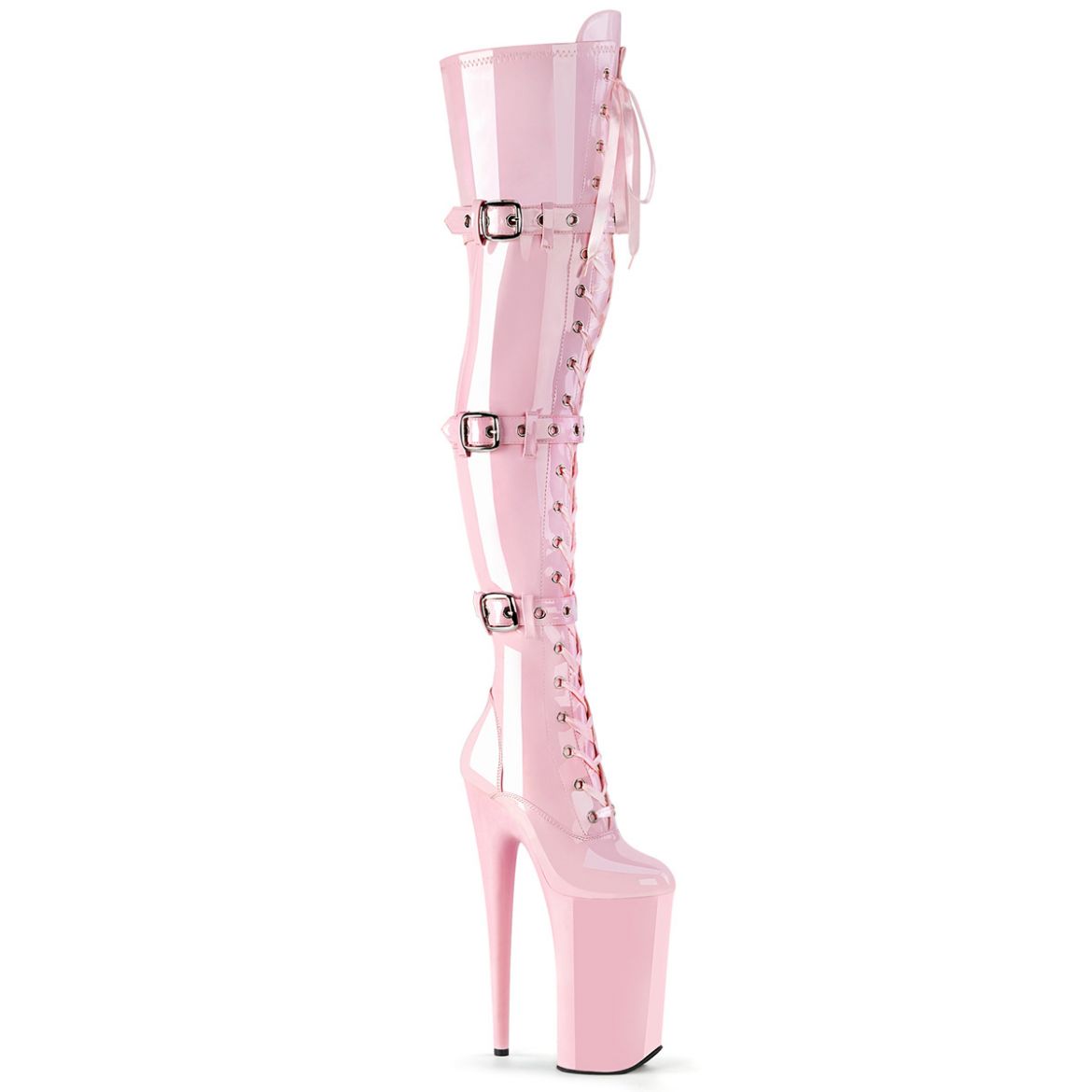 Product image of Pleaser BEYOND-3028 Baby Pink Stretch Patent/Baby Pink 10 inch (25.5 cm) Heel 6 1/4 inch (16 cm) Platform Lace-Up Front Thigh High Boot Side Zip