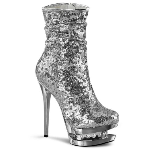 Product image of Pleaser BLONDIE-R-1009 Silver Sequins/Silver Chrome 6 inch (15.2 cm) Heel 1 1/2 inch (3.8 cm) Platform Sequins Ankle Boot Side Zip