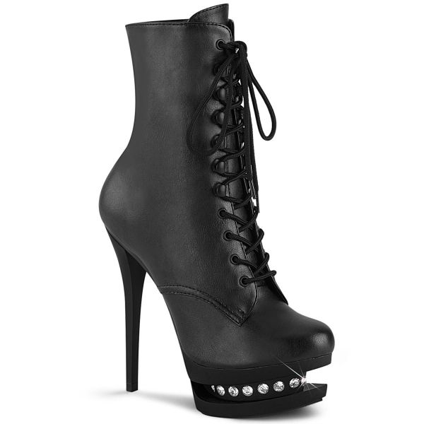 Product image of Pleaser BLONDIE-R-1020 Black Faux Leather/Black Matte 6 inch (15.2 cm) Heel 1 1/2 inch (3.8 cm) Platform Lace-Up Front Ankle Boot Side Zip
