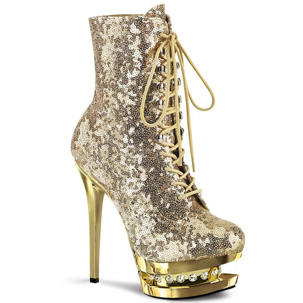 Product image of Pleaser BLONDIE-R-1020 Gold Sequins/Gold Chrome 6 inch (15.2 cm) Heel 1 1/2 inch (3.8 cm) Platform Lace-Up Sequins Ankle Boot Side Zip
