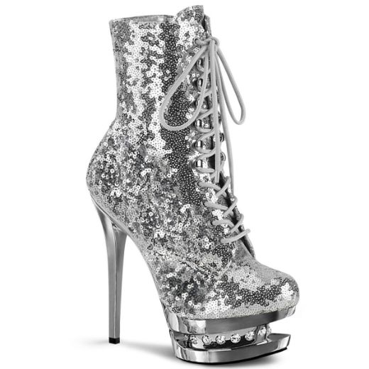 Product image of Pleaser BLONDIE-R-1020 Silver Sequins/Silver Chrome 6 inch (15.2 cm) Heel 1 1/2 inch (3.8 cm) Platform Lace-Up Sequins Ankle Boot Side Zip