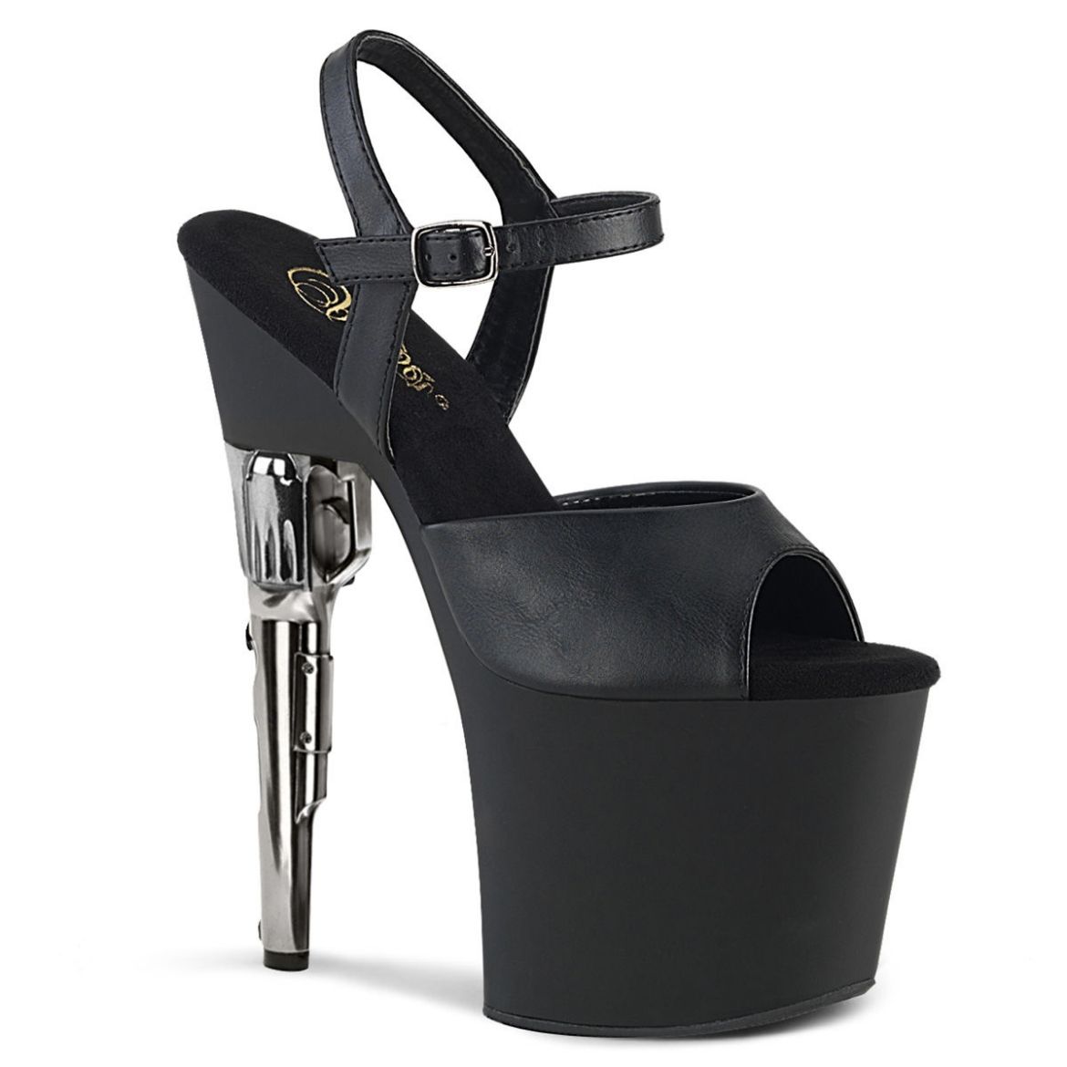 Product image of Pleaser BONDGIRL-709 Black Faux Leather/Black Matte 7 1/2 inch (19.1 cm) Gun Heel 3 1/2 inch (8.9 cm) Platform Ankle Strap Sandal Shoes