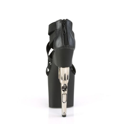 Product image of Pleaser BONDGIRL-769 Black Elastic Band-Faux Leather/Black Matte 7 1/2 inch (19.1 cm) Gun Heel 3 1/2 inch (8.9 cm) Platform Criss Cross Sandal Back Zip Shoes