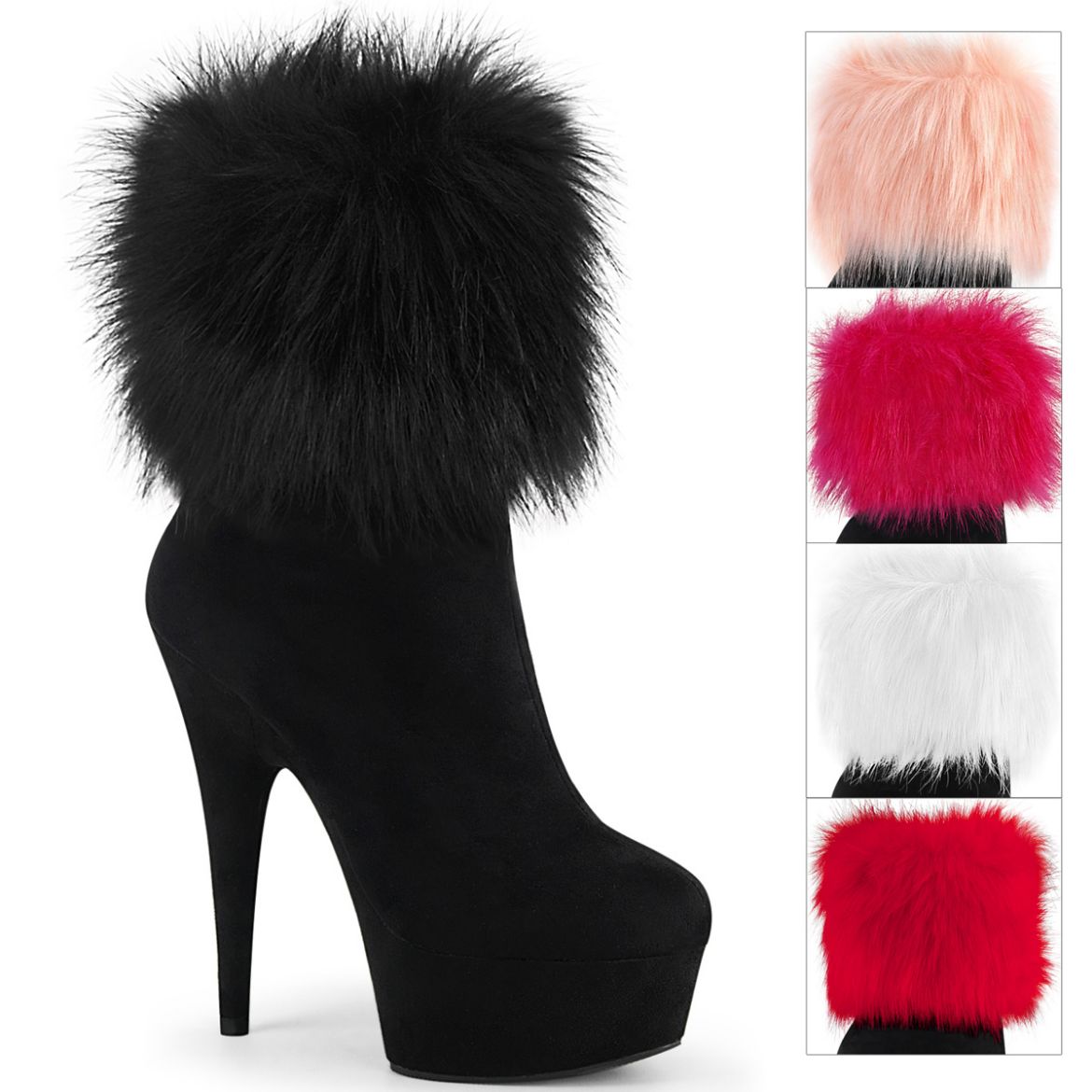Product image of Pleaser DELIGHT-1000 Black Faux Suede/Black Faux Suede 6 inch (15.2 cm) Heel 1 3/4 inch (4.5 cm) Platform Ankle Bootie With Faux Fur Cuffs Inside Zip
