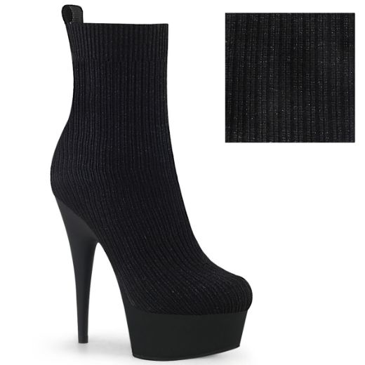 Product image of Pleaser DELIGHT-1002-2 Black Stretch Knit Fabric/Black Matte 6 inch (15.2 cm) Heel 1 3/4 inch (4.5 cm) Platform Pull-On Stretch Sock-Like Ankle Bootie