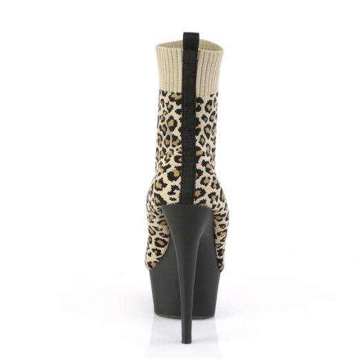 Product image of Pleaser DELIGHT-1002LP Tan Stretch Animal Print Print Fabric/Black Matte 6 inch (15.2 cm) Heel 1 3/4 inch (4.5 cm) Platform Pull-On Stretch Sock-Like Ankle Bootie