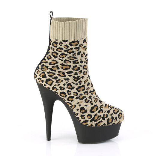 Product image of Pleaser DELIGHT-1002LP Tan Stretch Animal Print Print Fabric/Black Matte 6 inch (15.2 cm) Heel 1 3/4 inch (4.5 cm) Platform Pull-On Stretch Sock-Like Ankle Bootie