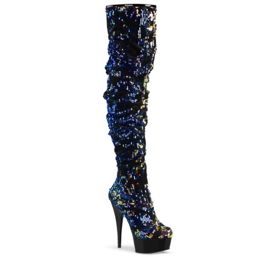 Product image of Pleaser DELIGHT-3004 Blue Iridescent Sequins/Black 6 inch (15.2 cm) Heel 1 3/4 inch (4.5 cm) Platform Slouch Thigh Boot Side Zip