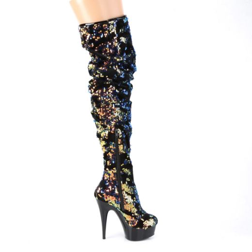 Product image of Pleaser DELIGHT-3004 Blue Iridescent Sequins/Black 6 inch (15.2 cm) Heel 1 3/4 inch (4.5 cm) Platform Slouch Thigh Boot Side Zip