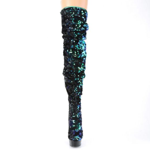 Product image of Pleaser DELIGHT-3004 Green Iridescent Sequins/Black 6 inch (15.2 cm) Heel 1 3/4 inch (4.5 cm) Platform Slouch Thigh Boot Side Zip