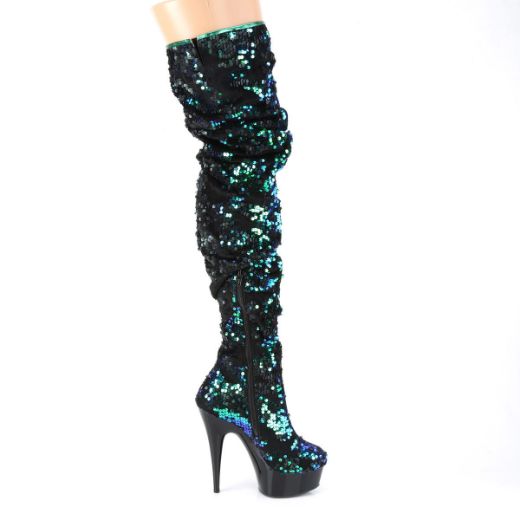 Product image of Pleaser DELIGHT-3004 Green Iridescent Sequins/Black 6 inch (15.2 cm) Heel 1 3/4 inch (4.5 cm) Platform Slouch Thigh Boot Side Zip