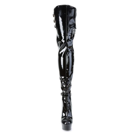 Product image of Pleaser DELIGHT-3055 Black Stretch Patent/Black 6 inch (15.2 cm) Heel 1 3/4 inch (4.5 cm) Platform Multiple Buckles Thigh Boot Side Zip