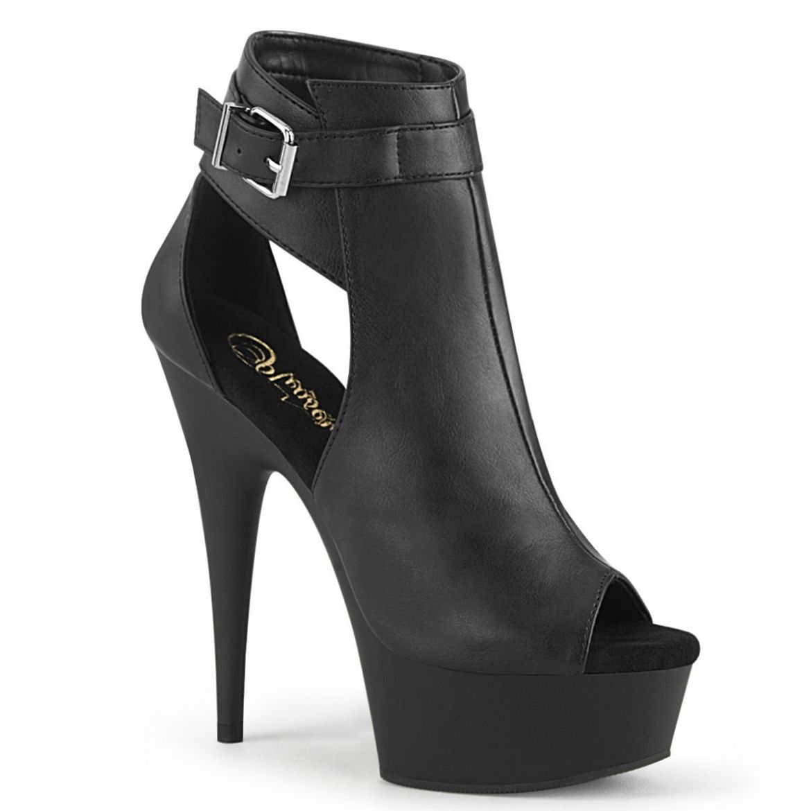 Product image of Pleaser DELIGHT-600-10 Black Faux Leather/Black Matte 6 inch (15.2 cm) Heel 2 3/4 inch (4.5 cm) Platform Peep Toe Ankle Bootie Sandal