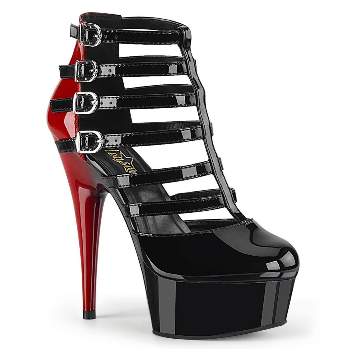 Product image of Pleaser DELIGHT-695 Black-Red Patent/Black 6 inch (15.2 cm) Heel 1 3/4 inch (4.5 cm) Platform Two Tone Buckles Strappy Cage Bootie
