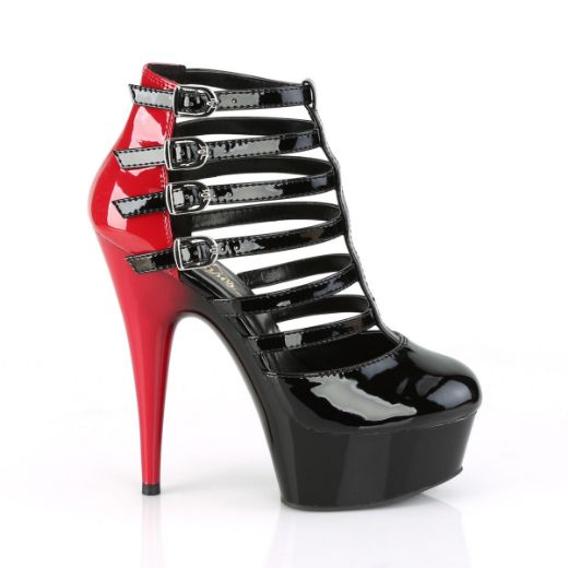 Product image of Pleaser DELIGHT-695 Black-Red Patent/Black 6 inch (15.2 cm) Heel 1 3/4 inch (4.5 cm) Platform Two Tone Buckles Strappy Cage Bootie