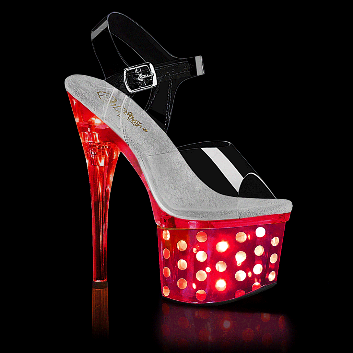 Product image of Pleaser DISCOLITE-708DOTS Clear/Silver Chrome 7 inch (17.8 cm) Heel 3 inch (7.6 cm) Platform Led Illuminated Ankle Strap Sandal