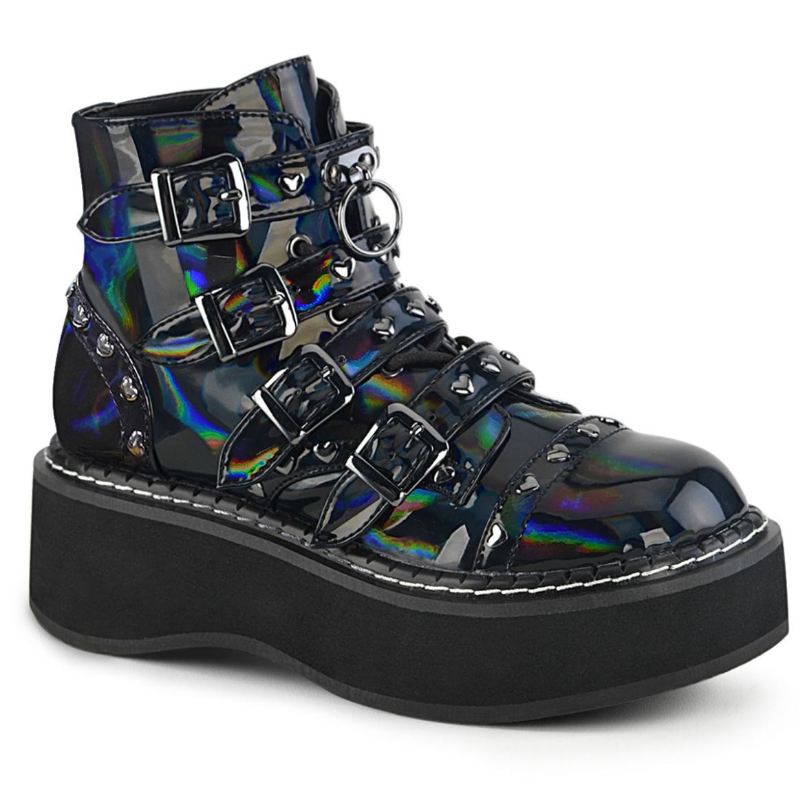 Product image of Demonia EMILY-315 Black Holographic Vegan Faux Leather 2 inch Platform Lace-Up Front/Buckles Straps Ankle Boot Side Zip