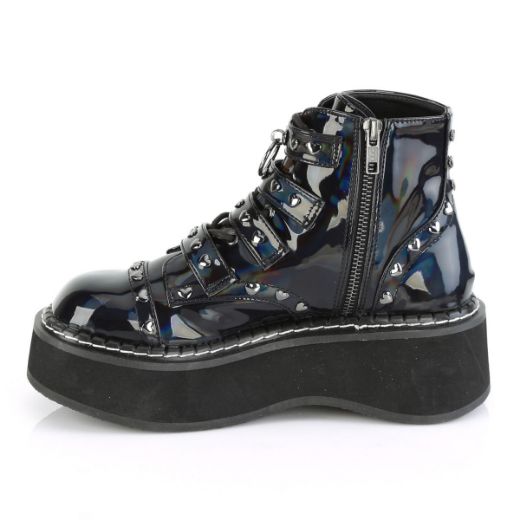 Product image of Demonia EMILY-315 Black Holographic Vegan Faux Leather 2 inch Platform Lace-Up Front/Buckles Straps Ankle Boot Side Zip