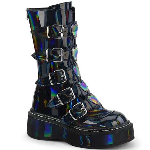 Product image of Demonia EMILY-330 Black Holographic 2 inch (5.1 cm) Platform Calf High With  5 Buckles Straps Back Metal Zip