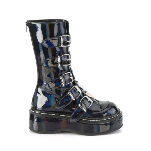 Product image of Demonia EMILY-330 Black Holographic 2 inch (5.1 cm) Platform Calf High With  5 Buckles Straps Back Metal Zip