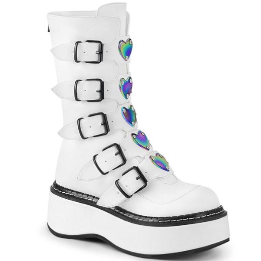 Product image of Demonia EMILY-330 White Vegan Faux Leather 2 inch (5.1 cm) Platform Calf High With  5 Buckles Straps Back Metal Zip