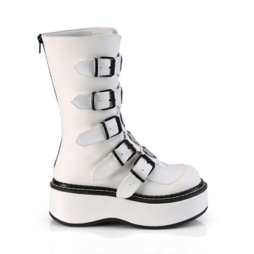 Product image of Demonia EMILY-330 White Vegan Faux Leather 2 inch (5.1 cm) Platform Calf High With  5 Buckles Straps Back Metal Zip