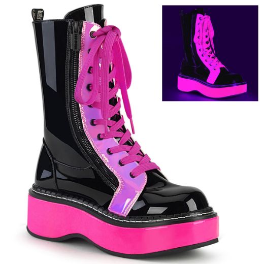 Product image of Demonia EMILY-350 Black Patent-Blacklight (Uv) Reactive Neon Pink 2 inch Platform Calf High Lace-Up Boot With  Outer Metal Zip