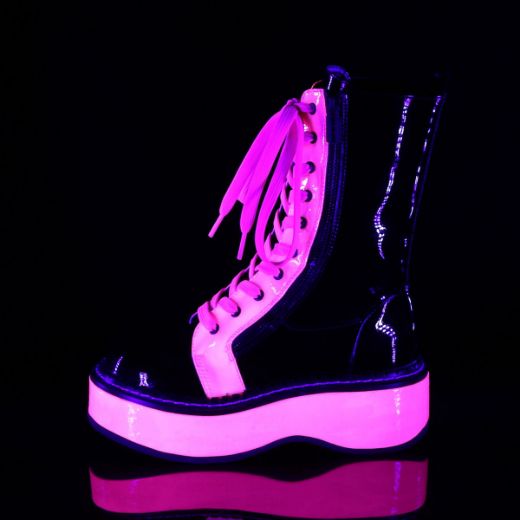 Product image of Demonia EMILY-350 Black Patent-Blacklight (Uv) Reactive Neon Pink 2 inch Platform Calf High Lace-Up Boot With  Outer Metal Zip