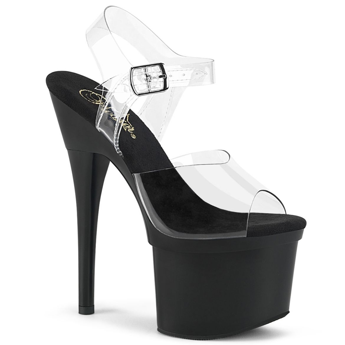 Product image of Pleaser ESTEEM-708 Clear/Black Matte 7 inch (17.8 cm) Heel 3 inch (7.6 cm) Platform Ankle Strap Sandal Shoes