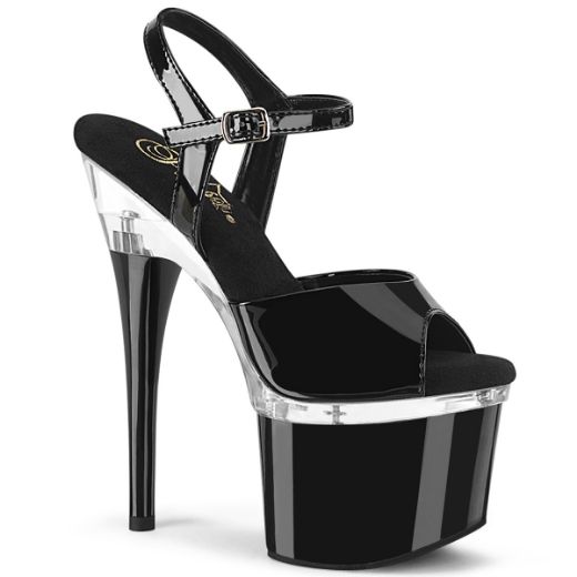 Product image of Pleaser ESTEEM-709 Black Patent/Clear-Black 7 inch (17.8 cm) Heel 3 inch (7.6 cm) Platform Ankle Strap Sandal Shoes