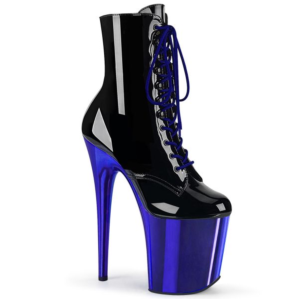 Product image of Pleaser FLAMINGO-1020 Black Patent/Royal Blue Chrome 8 inch (20 cm) Heel 4 inch (10 cm) Platform Lace-Up Front Ankle Boot Side Zip