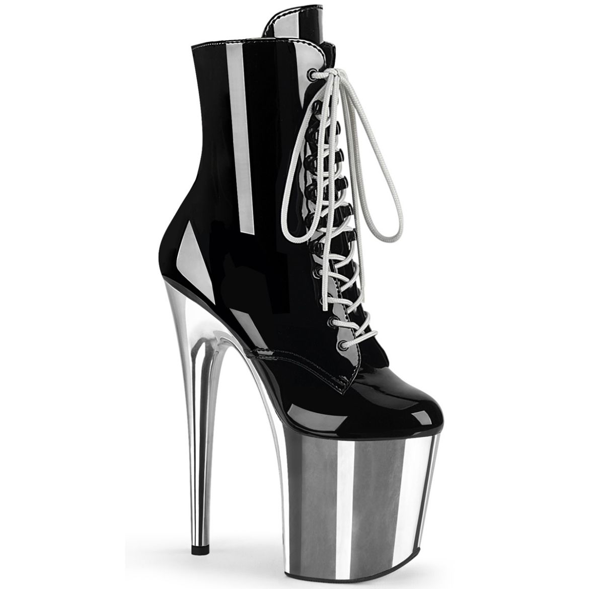 Product image of Pleaser FLAMINGO-1020 Black Patent/Silver Chrome 8 inch (20 cm) Heel 4 inch (10 cm) Platform Lace-Up Front Ankle Boot Side Zip
