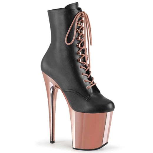Product image of Pleaser FLAMINGO-1020 Black Faux Leather/Rose Gold Chrome 8 inch (20 cm) Heel 4 inch (10 cm) Platform Lace-Up Ankle Boot Side Zip