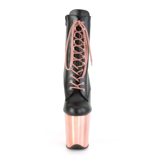 Product image of Pleaser FLAMINGO-1020 Black Faux Leather/Rose Gold Chrome 8 inch (20 cm) Heel 4 inch (10 cm) Platform Lace-Up Ankle Boot Side Zip