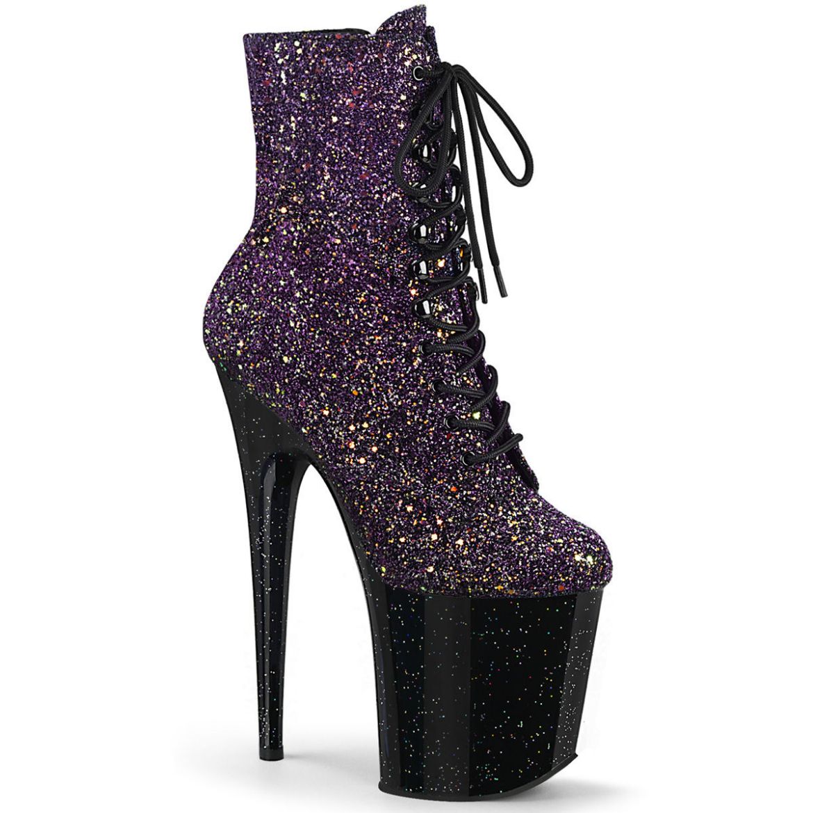 Product image of Pleaser FLAMINGO-1020OMBG Purple Multicolour Glitter/Black 8 inch (8 cm) Heel 4 inch (4 cm) Platform Lace-Up Front Ankle Boot Side Zip