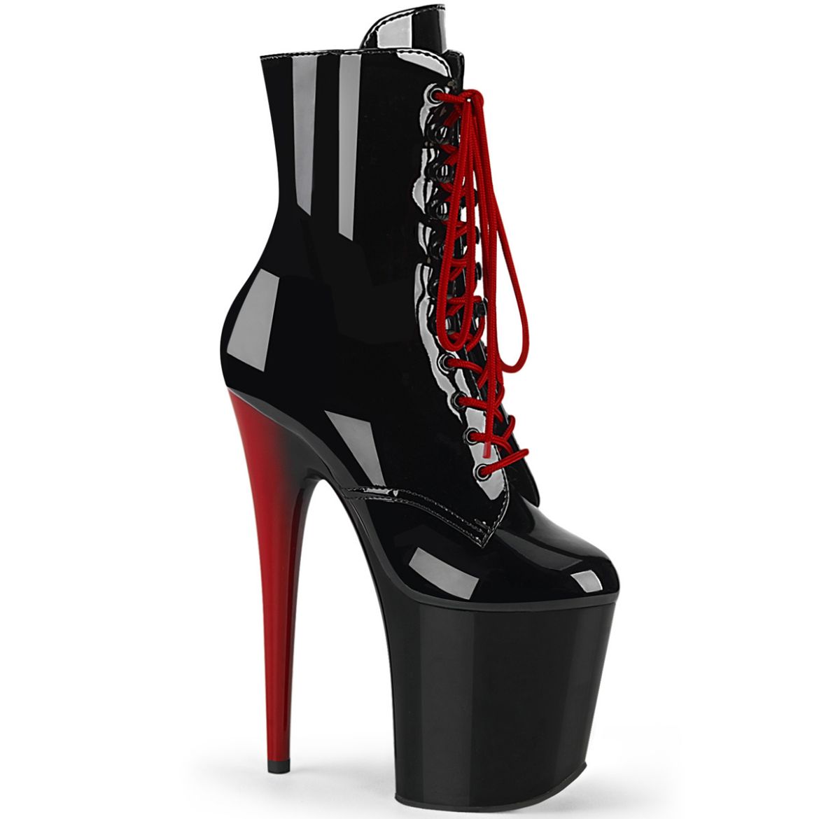 Product image of Pleaser FLAMINGO-1020RH Black Patent/Black-Red 8 inch (20 cm) Heel 4 inch (10 cm) Platform Two Tone Lace-Up Ankle Boot Side Zip