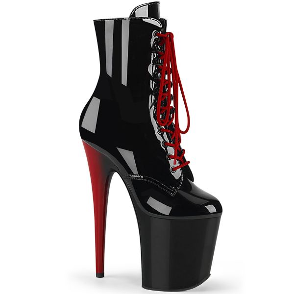 Product image of Pleaser FLAMINGO-1020RH Black Patent/Black-Red 8 inch (20 cm) Heel 4 inch (10 cm) Platform Two Tone Lace-Up Ankle Boot Side Zip