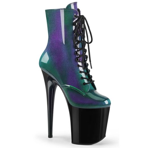 Product image of Pleaser FLAMINGO-1020SHG Purple-Green/Black 8 inch (20 cm) Heel 4 inch (10 cm) Platform Lace-Up Front Ankle Boot Side Zip