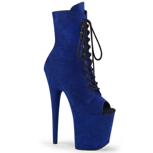 Product image of Pleaser FLAMINGO-1021FS Royal Blue Faux Suede/Royal Blue Faux Suede 8 inch (20 cm) Heel 4 inch (10 cm) Platform Open Toe Lace-Up Ankle Boot Side Zip