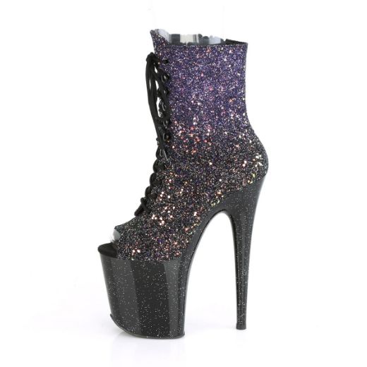 Product image of Pleaser FLAMINGO-1021OMBG Purple Multicolour Glitter/Black 8 inch (20 cm) Heel 4 inch (10 cm) Platform Peep Toe Lace-Up Ankle Boot Side Zip