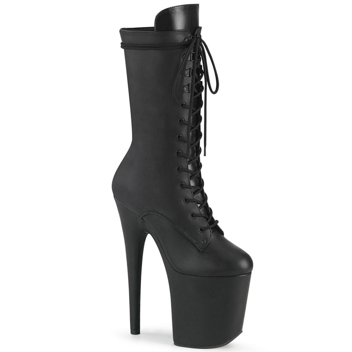 Product image of Pleaser FLAMINGO-1050LWR Black Faux Leather/Black Faux Leather 8 inch (20 cm) Heel 4 inch (10 cm) Platform Lace-Up Front Mid Calf Boot Side Zip