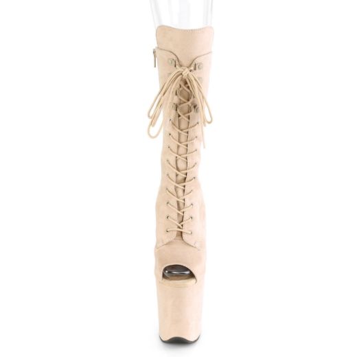 Product image of Pleaser FLAMINGO-1051FS Beige Faux Suede/Beige Faux Suede 8 inch (20 cm) Heel 4 inch (10 cm) Platform Peep Toe Lace-Up Mid Calf Boot Side Zip