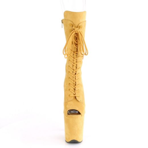 Product image of Pleaser FLAMINGO-1051FS Mustard Faux Suede/Mustard Faux Suede 8 inch (20 cm) Heel 4 inch (10 cm) Platform Peep Toe Lace-Up Mid Calf Boot Side Zip