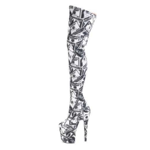 Product image of Pleaser FLAMINGO-3000DP White-Black Stretch Fabric/White-Black Fabric 8 inch (20 cm) Heel 4 inch (10 cm) Platform Stretch Thigh Boot Side Zip